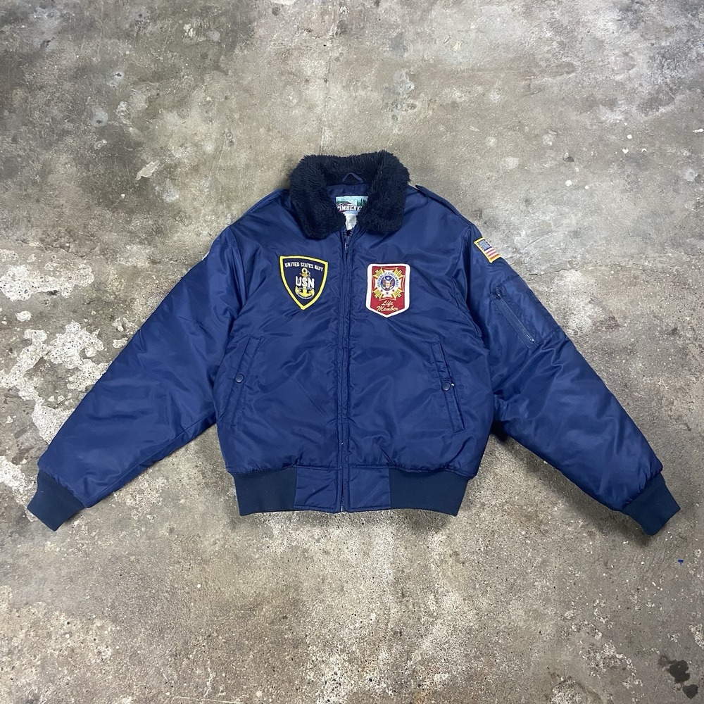 Vintage 80s Timberking U.S. Navy Bomber Jacket Size Medium Blue Faux Fur Fullzip